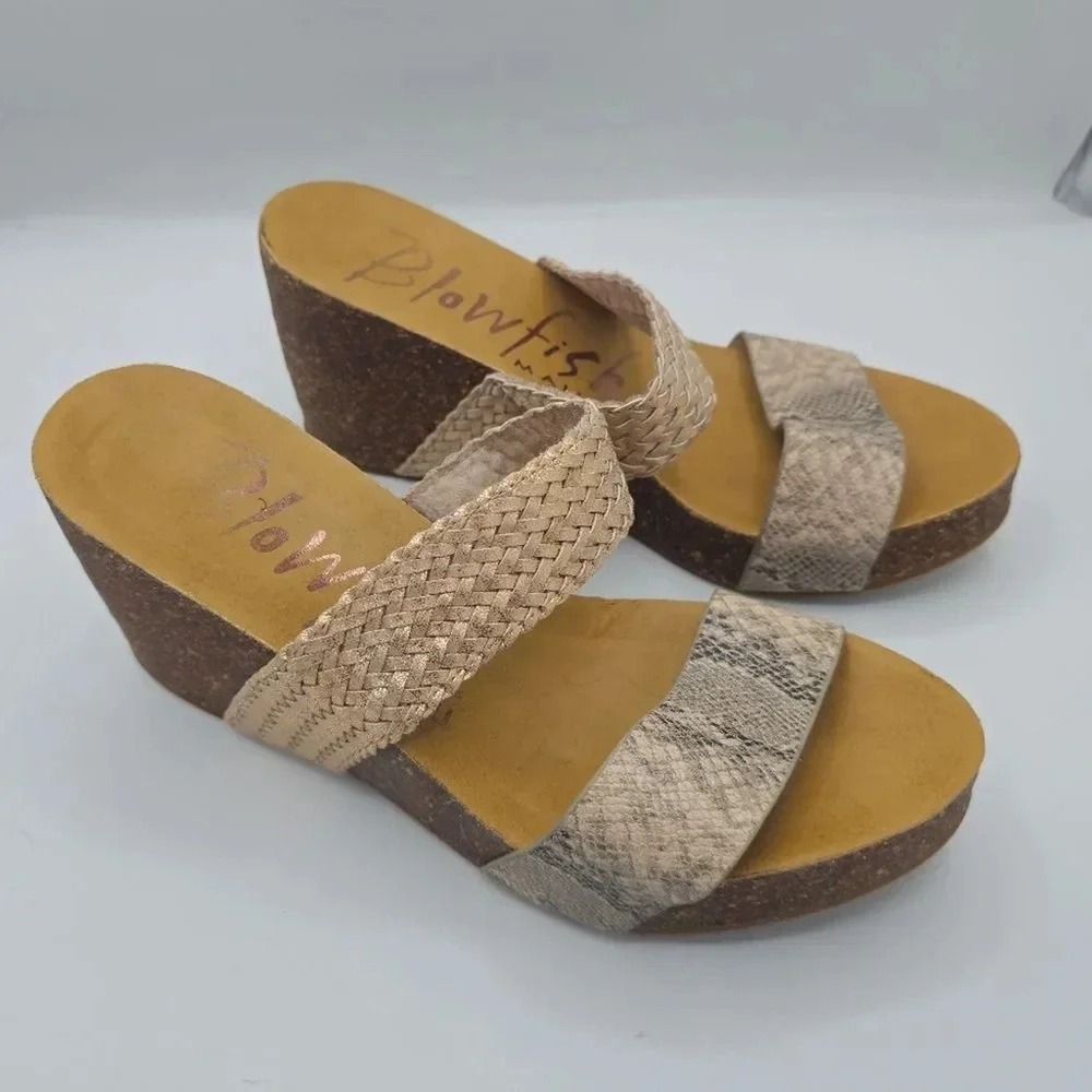 Blowfish Malibu Size US 8 Wedge Cork Braided Snake Metalic‎ Leather Sandals